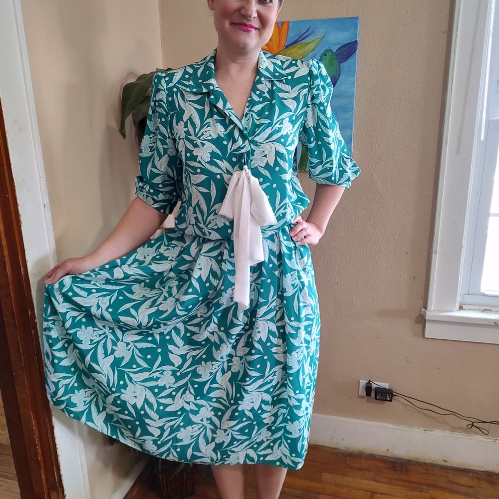 Vintage 80's Teal Hawaiian Print Dress Breli Original SZ Small - Large Range